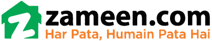 Logo of zameen.com featuring a green house icon with a white Z inside, the website name in green and black text, and the slogan Har Pata, Humain Pata Hai in orange underneath.