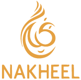 Golden stylized palm frond design above the word NAKHEEL in uppercase orange-gold letters, on a white background.