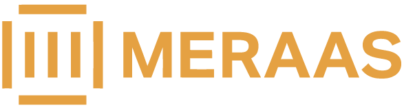 The image shows the MERAAS logo with an orange geometric symbol resembling four vertical lines between two horizontal bars, followed by the word MERAAS in bold orange uppercase letters.